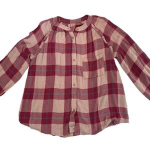 Burgundy Pink Plaid Ruffle Raglan Sleeve Blouse Mandarin Collar Women's M